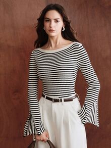 Anewsta Women's Knitted Striped Color Block Flared Sleeve Fitted Pullover Sweater - Black and White - View 5
