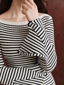 Anewsta Women's Knitted Striped Color Block Flared Sleeve Fitted Pullover Sweater - Black and White - View 1