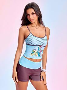 My Little Pony X SHEIN Women's Cartoon Print Camisole Top And Shorts Casual Daily Set - Mint Blue - View 3