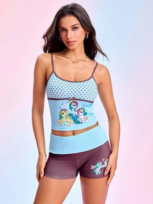 My Little Pony X SHEIN Women's Cartoon Print Camisole Top And Shorts Casual Daily Set - Mint Blue - View 5