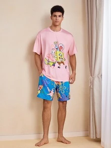 SpongeBob SquarePants | SHEIN Men's Cartoon Print Short Sleeve Top And Shorts Loungewear Set - Pink - View 5