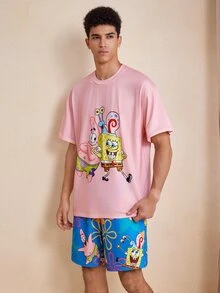 SpongeBob SquarePants | SHEIN Men's Cartoon Print Short Sleeve Top And Shorts Loungewear Set - Pink - View 3