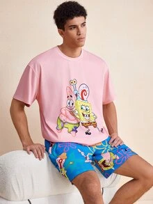 SpongeBob SquarePants | SHEIN Men's Cartoon Print Short Sleeve Top And Shorts Loungewear Set - Pink - View 1
