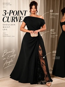 Cravure Women Plus Size Party Date Banquet Cocktail Wedding Simple Elegant Lace Trim Slit Ruched Asymmetrical Neckline Solid Color Dress - Black - View 2