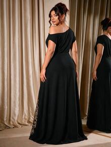 Cravure Women Plus Size Party Date Banquet Cocktail Wedding Simple Elegant Lace Trim Slit Ruched Asymmetrical Neckline Solid Color Dress - Black - View 4