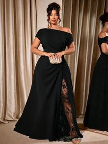 Cravure Women Plus Size Party Date Banquet Cocktail Wedding Simple Elegant Lace Trim Slit Ruched Asymmetrical Neckline Solid Color Dress - Black - View 3