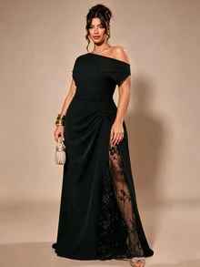 Cravure Women Plus Size Party Date Banquet Cocktail Wedding Simple Elegant Lace Trim Slit Ruched Asymmetrical Neckline Solid Color Dress - Black - View 5