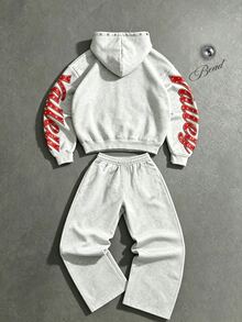 ROMWE MEN Street Life Men's Cool Street Style Letter Print Hoodie Sweatshirt And Drawstring Waist Long Pants Set - Grey - View 2
