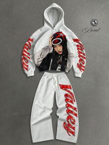 ROMWE MEN Street Life Men's Cool Street Style Letter Print Hoodie Sweatshirt And Drawstring Waist Long Pants Set - Grey - View 4