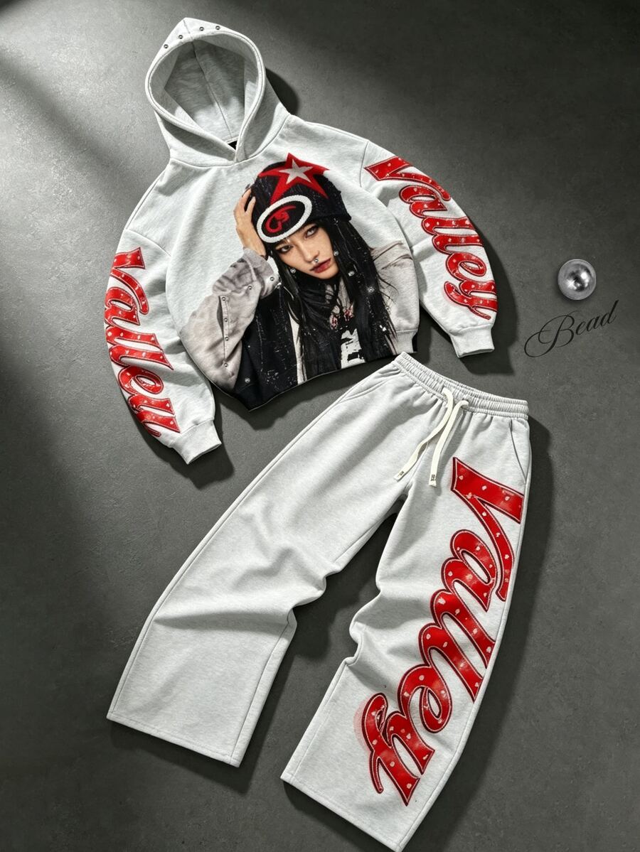 ROMWE MEN Street Life Men's Cool Street Style Letter Print Hoodie Sweatshirt And Drawstring Waist Long Pants Set - Grey - View 1