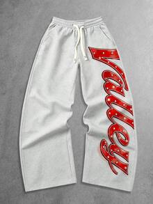 ROMWE MEN Street Life Men's Cool Street Style Letter Print Hoodie Sweatshirt And Drawstring Waist Long Pants Set - Grey - View 6