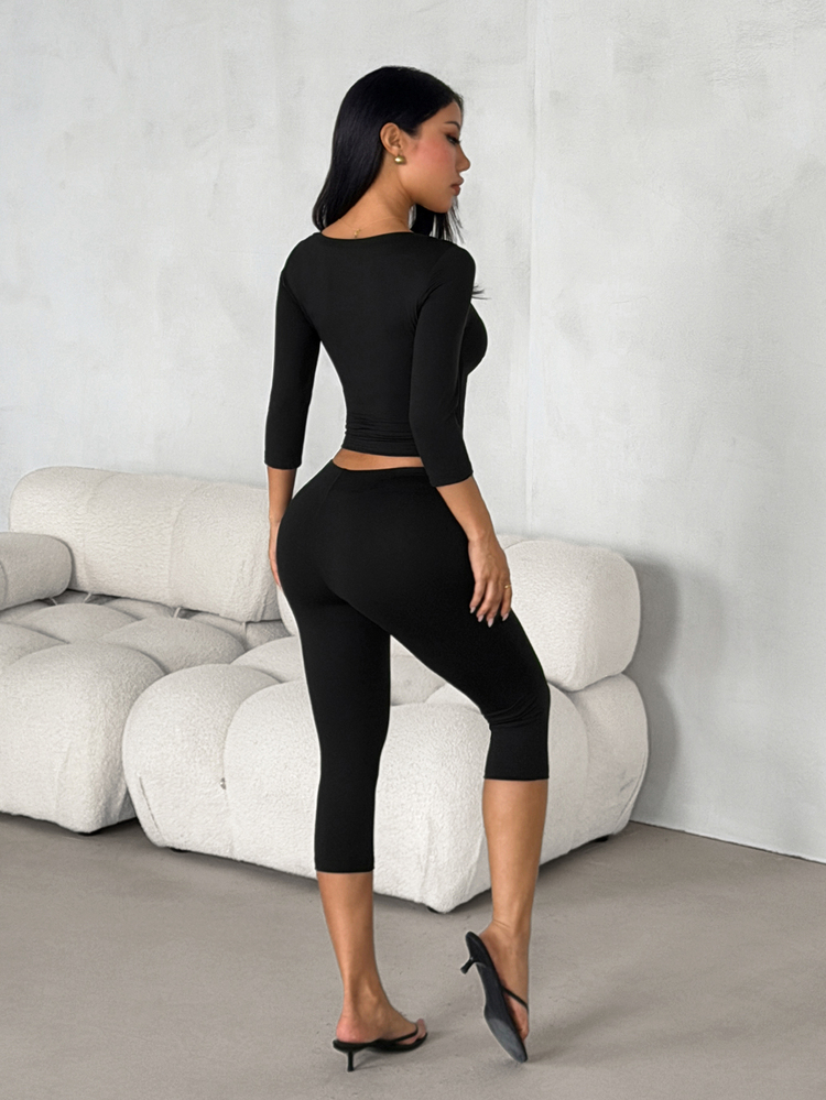 SHEIN PETITE 2pcs Set: V-Neck 3/4 Sleeve Slimming T-Shirt + 3/4 Length Pants - Black - View 8