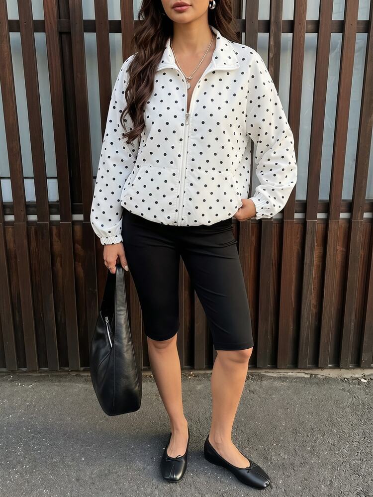 SHEIN PETITE Women's Polka Dot Zipper Casual Versatile Daily Travel Long Sleeve Jacket - Black and White - View 9