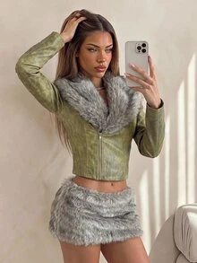 SHEIN ICON Women's Plush Patchwork Casual Daily Long Sleeve Jacket - Olive Green - View 1