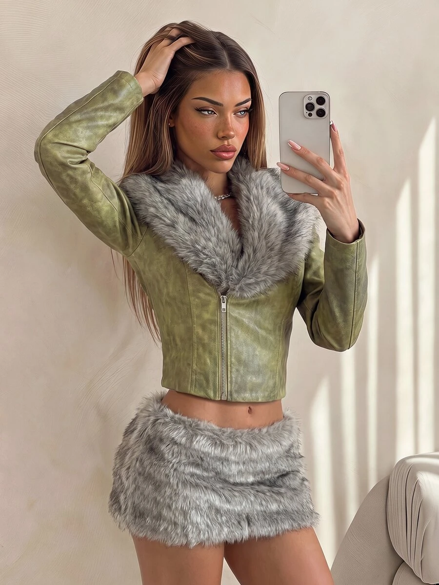 SHEIN ICON Women's Plush Patchwork Casual Daily Long Sleeve Jacket - Olive Green - View 1