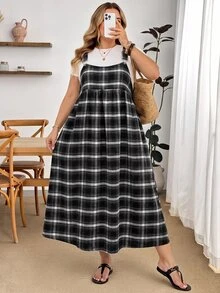 SHEIN CURVE+ Damen Große Größen lockeres kariertes Schürzenkleid, geeignet für Apfel- und Kurven-Körpertypen, Lehrertag, Weiß, Schwarz, Sommer, 1920er, 1950er, Vintage, Urlaub - Verschiedenfarbig - Übersicht 7