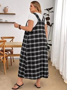 SHEIN CURVE+ Damen Große Größen lockeres kariertes Schürzenkleid, geeignet für Apfel- und Kurven-Körpertypen, Lehrertag, Weiß, Schwarz, Sommer, 1920er, 1950er, Vintage, Urlaub - Verschiedenfarbig - Übersicht 3