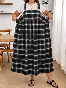 SHEIN CURVE+ Damen Große Größen lockeres kariertes Schürzenkleid, geeignet für Apfel- und Kurven-Körpertypen, Lehrertag, Weiß, Schwarz, Sommer, 1920er, 1950er, Vintage, Urlaub - Verschiedenfarbig - Übersicht 4