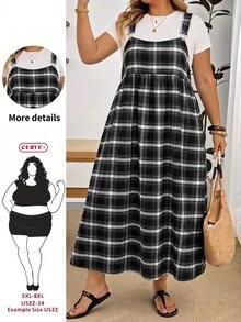 SHEIN CURVE+ Damen Große Größen lockeres kariertes Schürzenkleid, geeignet für Apfel- und Kurven-Körpertypen, Lehrertag, Weiß, Schwarz, Sommer, 1920er, 1950er, Vintage, Urlaub - Verschiedenfarbig - Übersicht 9