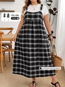 SHEIN CURVE+ Damen Große Größen lockeres kariertes Schürzenkleid, geeignet für Apfel- und Kurven-Körpertypen, Lehrertag, Weiß, Schwarz, Sommer, 1920er, 1950er, Vintage, Urlaub - Verschiedenfarbig - Übersicht 8
