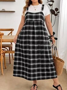 SHEIN CURVE+ Damen Große Größen lockeres kariertes Schürzenkleid, geeignet für Apfel- und Kurven-Körpertypen, Lehrertag, Weiß, Schwarz, Sommer, 1920er, 1950er, Vintage, Urlaub - Verschiedenfarbig - Übersicht 5