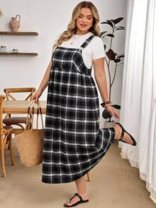 SHEIN CURVE+ Damen Große Größen lockeres kariertes Schürzenkleid, geeignet für Apfel- und Kurven-Körpertypen, Lehrertag, Weiß, Schwarz, Sommer, 1920er, 1950er, Vintage, Urlaub - Verschiedenfarbig - Übersicht 6