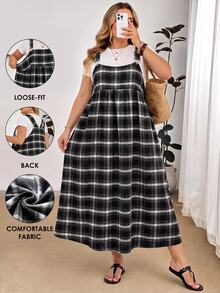 SHEIN CURVE+ Damen Große Größen lockeres kariertes Schürzenkleid, geeignet für Apfel- und Kurven-Körpertypen, Lehrertag, Weiß, Schwarz, Sommer, 1920er, 1950er, Vintage, Urlaub - Verschiedenfarbig - Übersicht 2