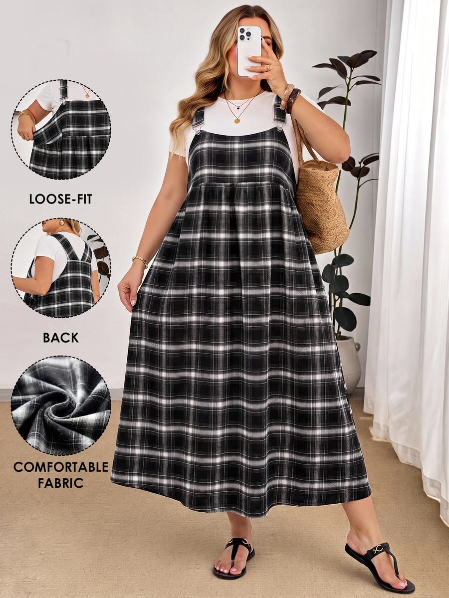 SHEIN CURVE+ Damen Große Größen lockeres kariertes Schürzenkleid, geeignet für Apfel- und Kurven-Körpertypen, Lehrertag, Weiß, Schwarz, Sommer, 1920er, 1950er, Vintage, Urlaub