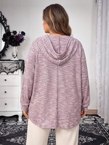 SHEIN CURVE+ Plus Size Women's Hooded Drawstring Button Waffle Knit Loose Casual Sweatshirt, Autumn/Winter Fall - Pink - View 3