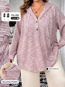 SHEIN CURVE+ Plus Size Women's Hooded Drawstring Button Waffle Knit Loose Casual Sweatshirt, Autumn/Winter Fall - Pink - View 6
