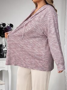 SHEIN CURVE+ Plus Size Women's Hooded Drawstring Button Waffle Knit Loose Casual Sweatshirt, Autumn/Winter Fall - Pink - View 5