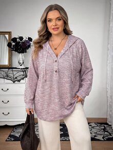 SHEIN CURVE+ Plus Size Women's Hooded Drawstring Button Waffle Knit Loose Casual Sweatshirt, Autumn/Winter Fall - Pink - View 4