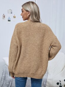 SHEIN LUNE 前开落肩纯色开衫，女士春秋休闲落肩常规版型杏色纯色女士开衫，休闲日常装，长袖上衣 - 杏色 - 查看 2