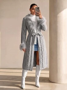 Xyvia 女款秋冬重裝飾珠毛領繫帶針織開襟外套，高級灰色扭繩編織，適合購物、約會、通勤、派對、度假 - 灰色 - 查看 7