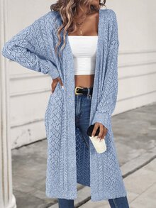 SHEIN LUNE Solid Color Hollow Out Knit Long Cardigan Sweater,Long Sleeve Tops Fall Winter Cloth For Women - Blue - View 7