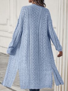 SHEIN LUNE Solid Color Hollow Out Knit Long Cardigan Sweater,Long Sleeve Tops Fall Winter Cloth For Women - Blue - View 2