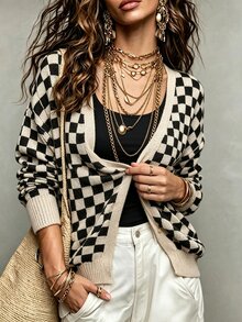 Omancia Women's New Autumn/Winter Casual Elegant Plaid Long Sleeve Cardigan, Suitable For Daily Wear, Home, Dating, Gathering, Commuting And Office - Multicolor - View 1