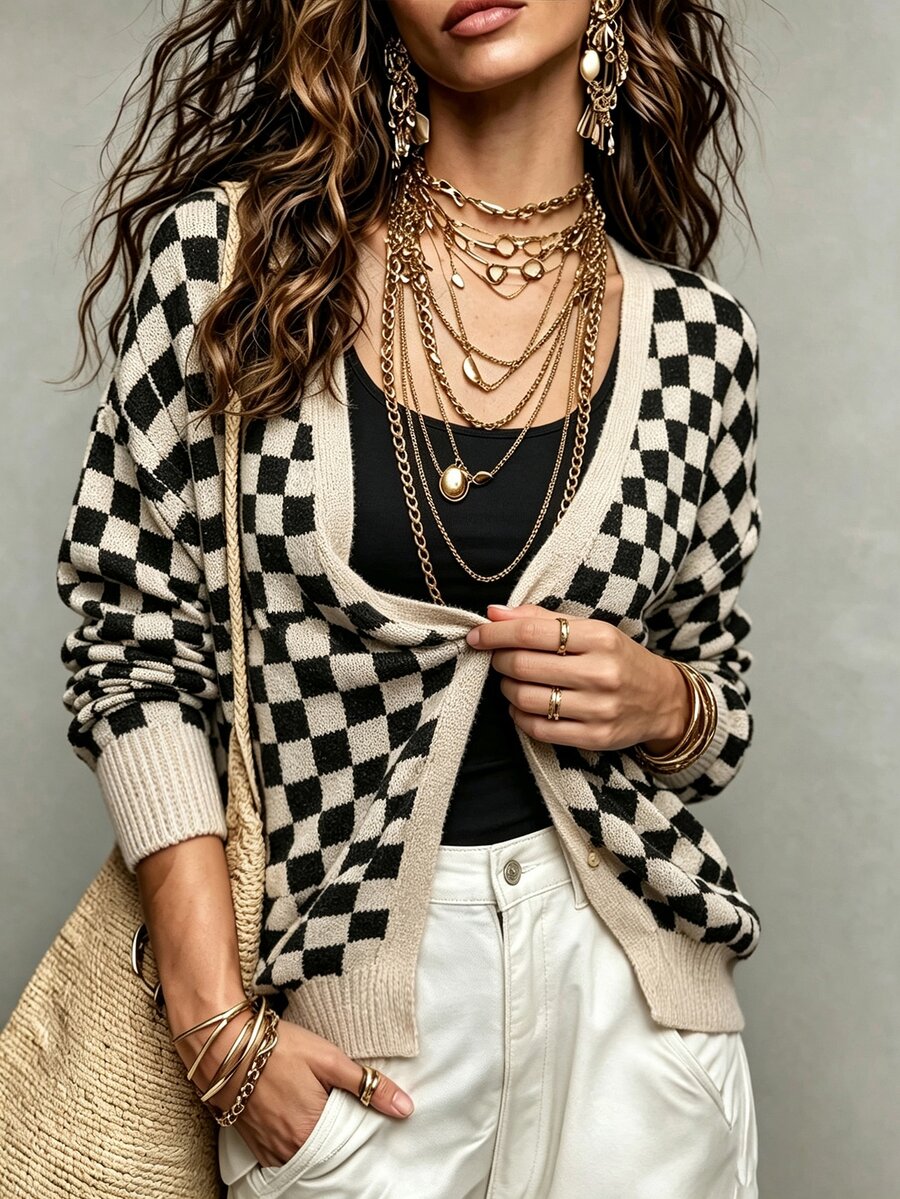 Omancia Women's New Autumn/Winter Casual Elegant Plaid Long Sleeve Cardigan, Suitable For Daily Wear, Home, Dating, Gathering, Commuting And Office - Multicolor - View 1