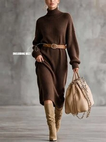 Omancia Chic Turtleneck Ribbed Knit Sweater Dress, Women Long Lantern Sleeve Loose Midi Dress With Belt - Brown - View 1