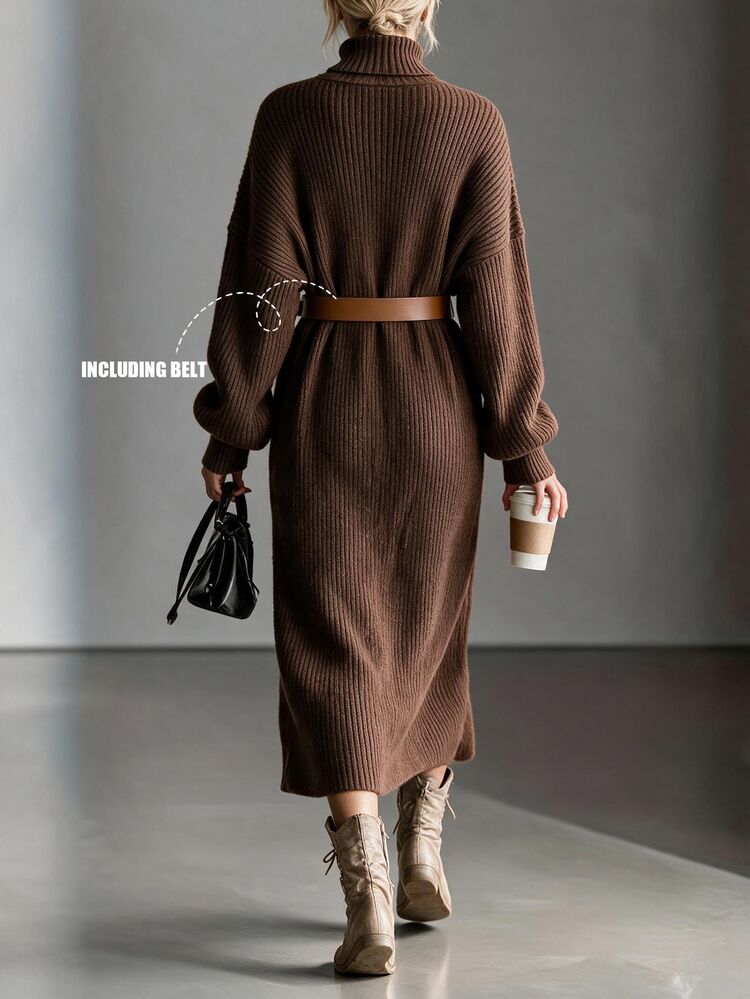Omancia Chic Turtleneck Ribbed Knit Sweater Dress, Women Long Lantern Sleeve Loose Midi Dress With Belt - Brown - View 2