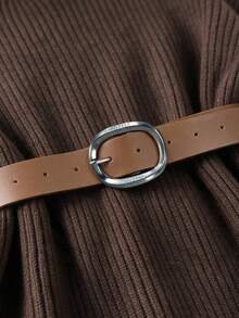 Omancia Chic Turtleneck Ribbed Knit Sweater Dress, Women Long Lantern Sleeve Loose Midi Dress With Belt - Brown - View 7