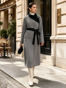 SHEIN Clasi 標準尺寸女款秋冬拼接格紋收腰A字優雅大衣 - 彩色 - 查看 1