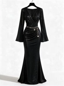 GlowEve Women's Autumn/Winter Party Silver Foil Fabric Ruffle Hem Wrap Short Dress - Black - View 5