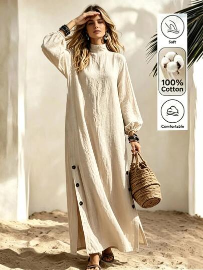 LUMIGAL Button-Front Elegant Stand Collar Solid Color Three-Quarter Sleeve Midi Shirt Dress For Women