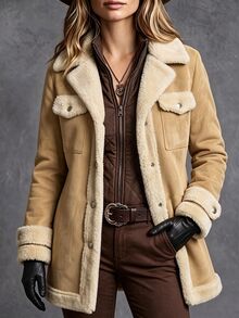 LUMIGAL Women's Knitted Composite Fleece Utility Casual Lapel Collar Apricot Regular Fit Jacket, Elegant Commuter Style For Autumn/Winter - Apricot - View 6