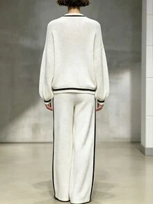 LUMIGAL Women's Striped Colorblock Long Sleeve Sweater And Pocket Pants 2 Pieces Set - White - View 3
