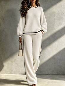 LUMIGAL Women's Striped Colorblock Long Sleeve Sweater And Pocket Pants 2 Pieces Set - White - View 2