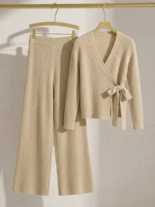SHEIN Franclia Women's French-Style Knit Set, Asymmetric Design Waist Tie, Solid Beige, Soft Relaxed Elegant Minimalist Look For Lounging, Office Tea Party Fall - Khaki - View 7