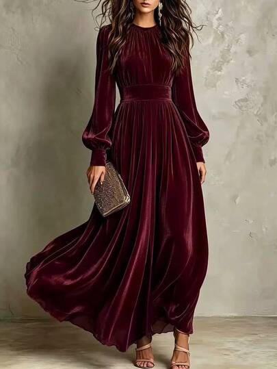 SHEIN Women's Red Holiday Party Date Velvet Round Neck Regular Shoulder Cinched Waist Long Sleeve Lantern Sleeve Long Dress, Autumn/Winter Fashion Elegant Elegant Dress, Women's Autumn/Winter Fashion Dress Outfit, Holiday Outfit, Office Commute Clothing, Casual Outing Outfit, Women's Red Dress, Women's Elegant Ceremony Dress