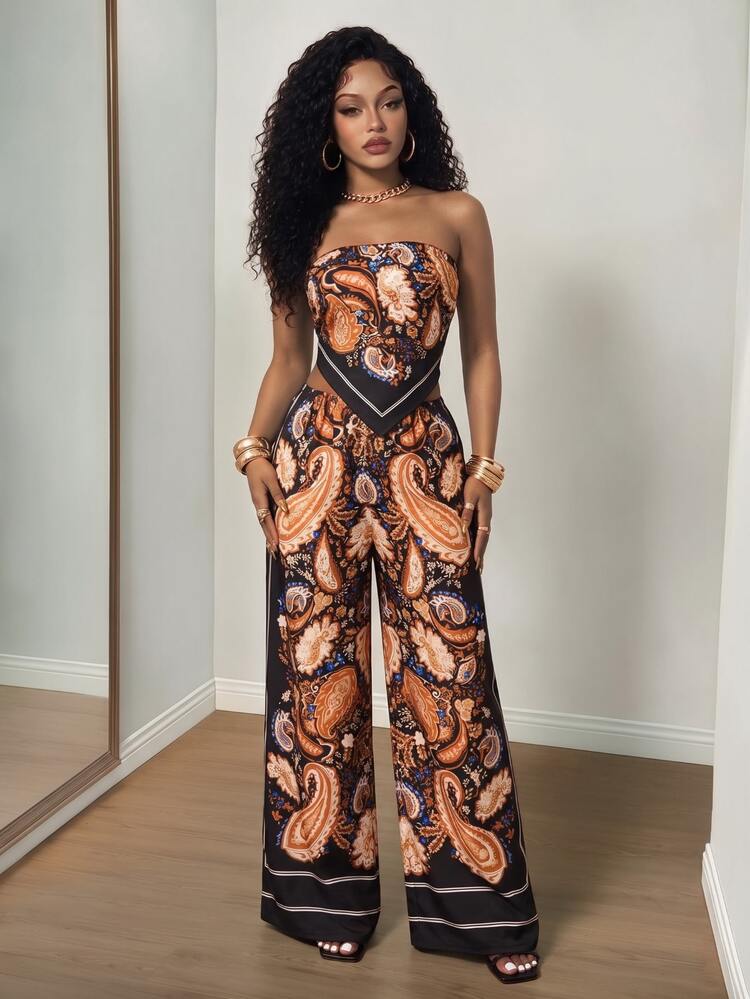 BamGleam Multicolor Summer Boho Tropical European Breezy Holiday Paisley Paisley Print Strapless Crop Top Asymmetrical Hem Elastic Waist Loose Pants 2 Pieces - Multicolor - View 3